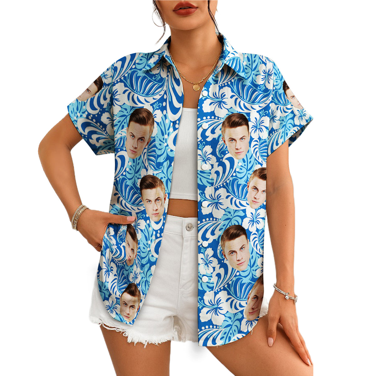 Blue white hibiscus Hawaiian shirt with repeated face print variant 4