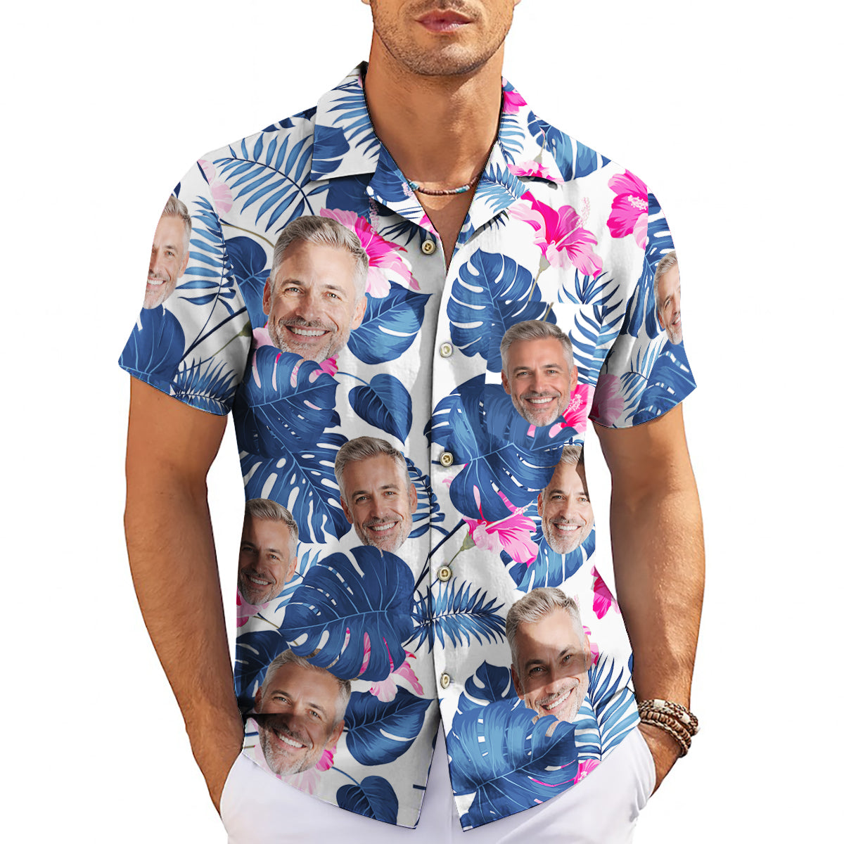 Custom face Hawaiian shirt navy monstera pink hibiscus print variant 4
