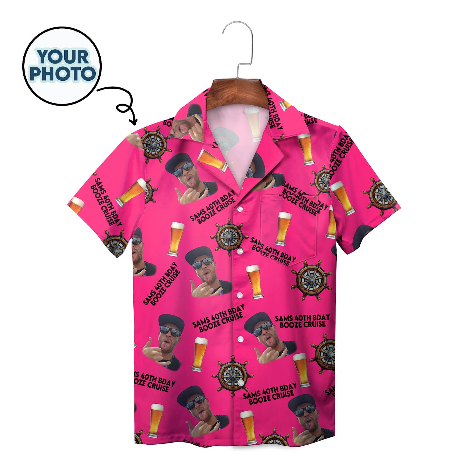 Hot pink personalised face photo booze cruise Hawaiian shirt
