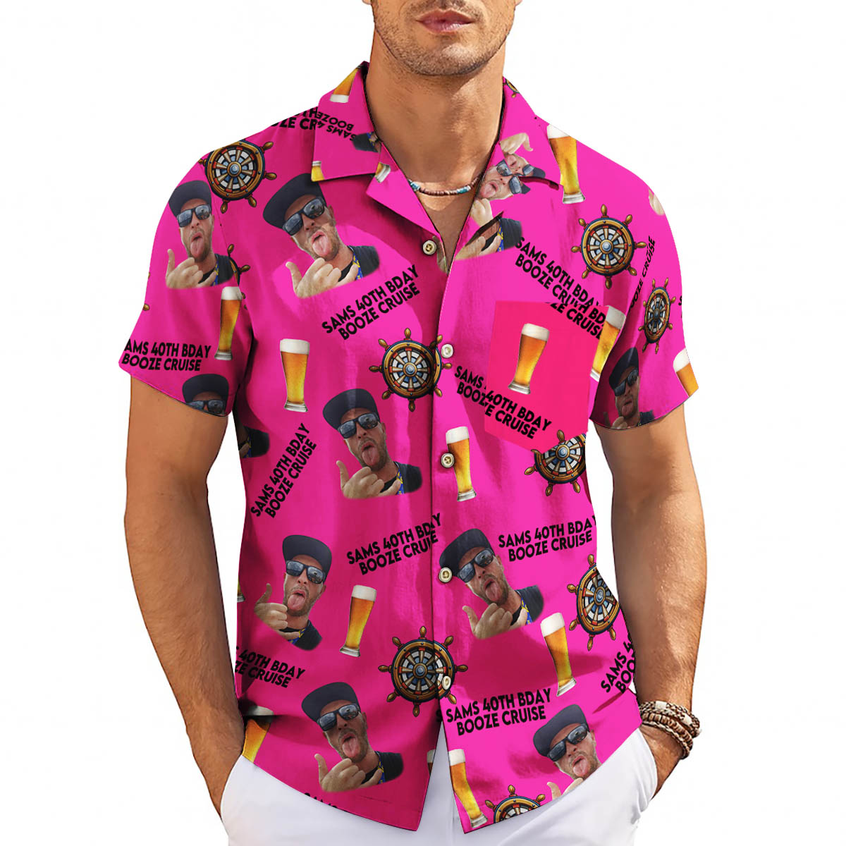 Hot pink personalised face photo booze cruise Hawaiian shirt variant 3