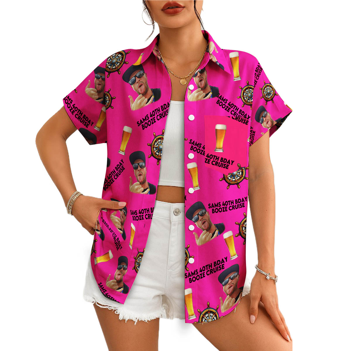 Hot pink personalised face photo booze cruise Hawaiian shirt variant 4