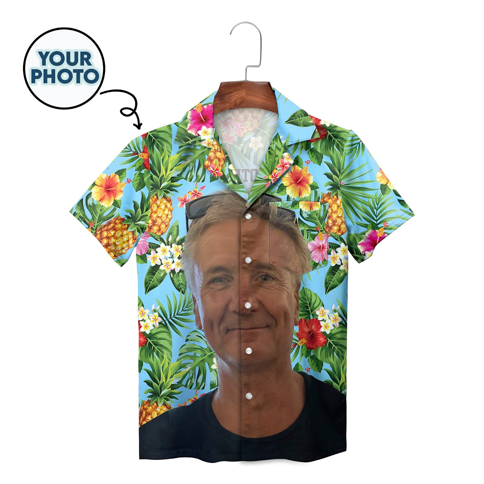Custom face photo Hawaiian shirt pineapple hibiscus blue
