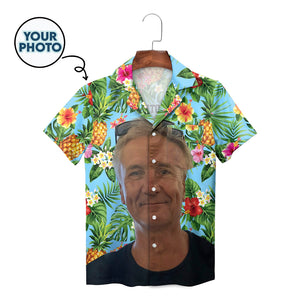 Custom face photo Hawaiian shirt pineapple hibiscus blue