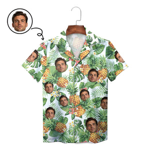 White Hawaiian shirt with custom face pineapples green palms