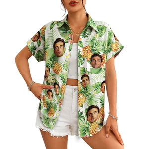 White Hawaiian shirt with custom face pineapples green palms variant 5