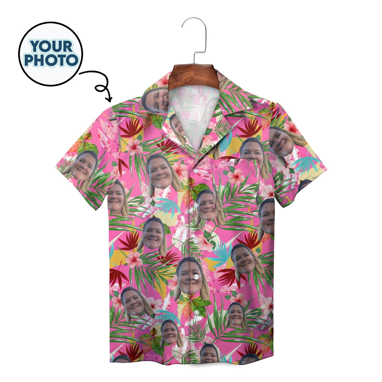 Pink tropical hibiscus Hawaiian shirt with custom face print
