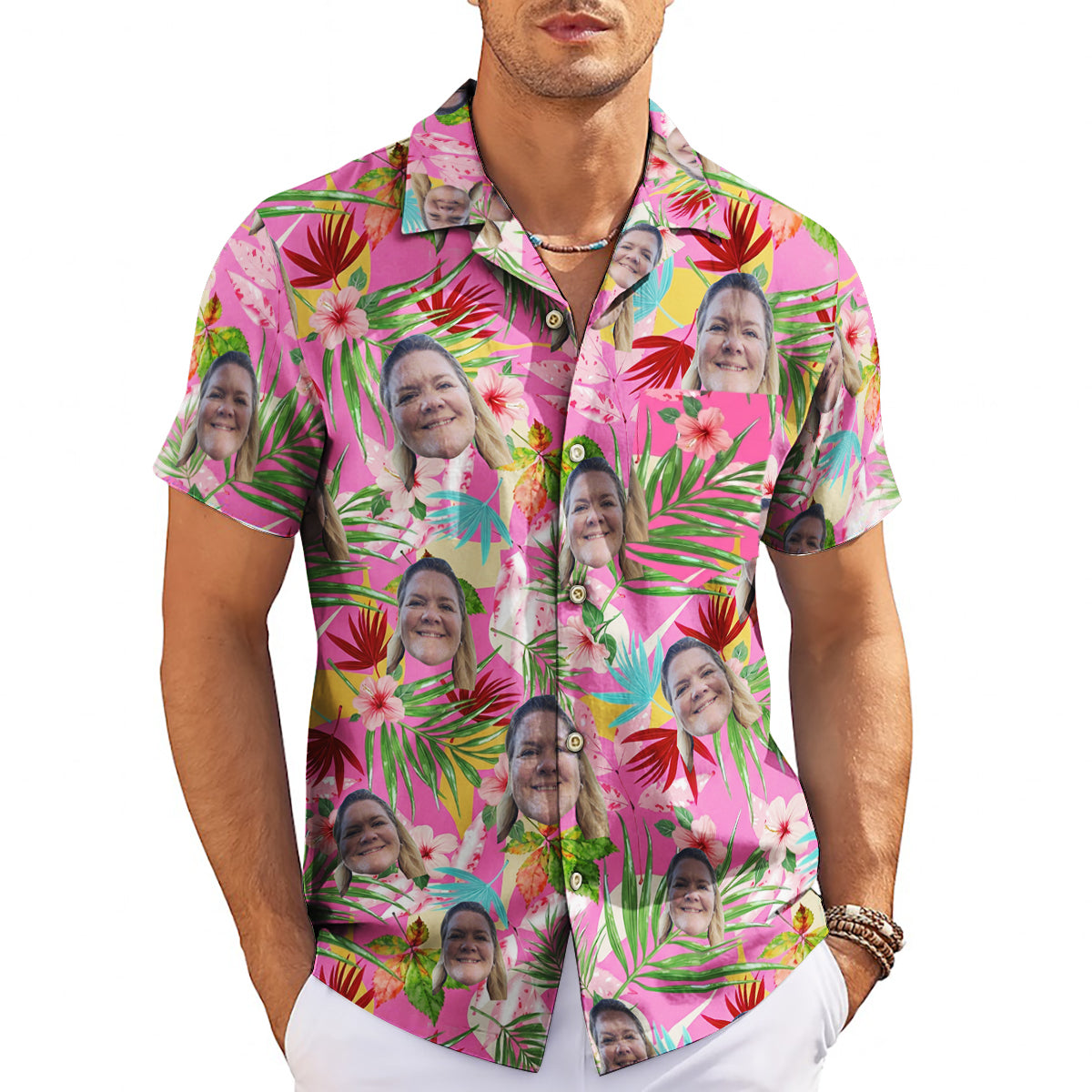 Pink tropical hibiscus Hawaiian shirt with custom face print variant 3