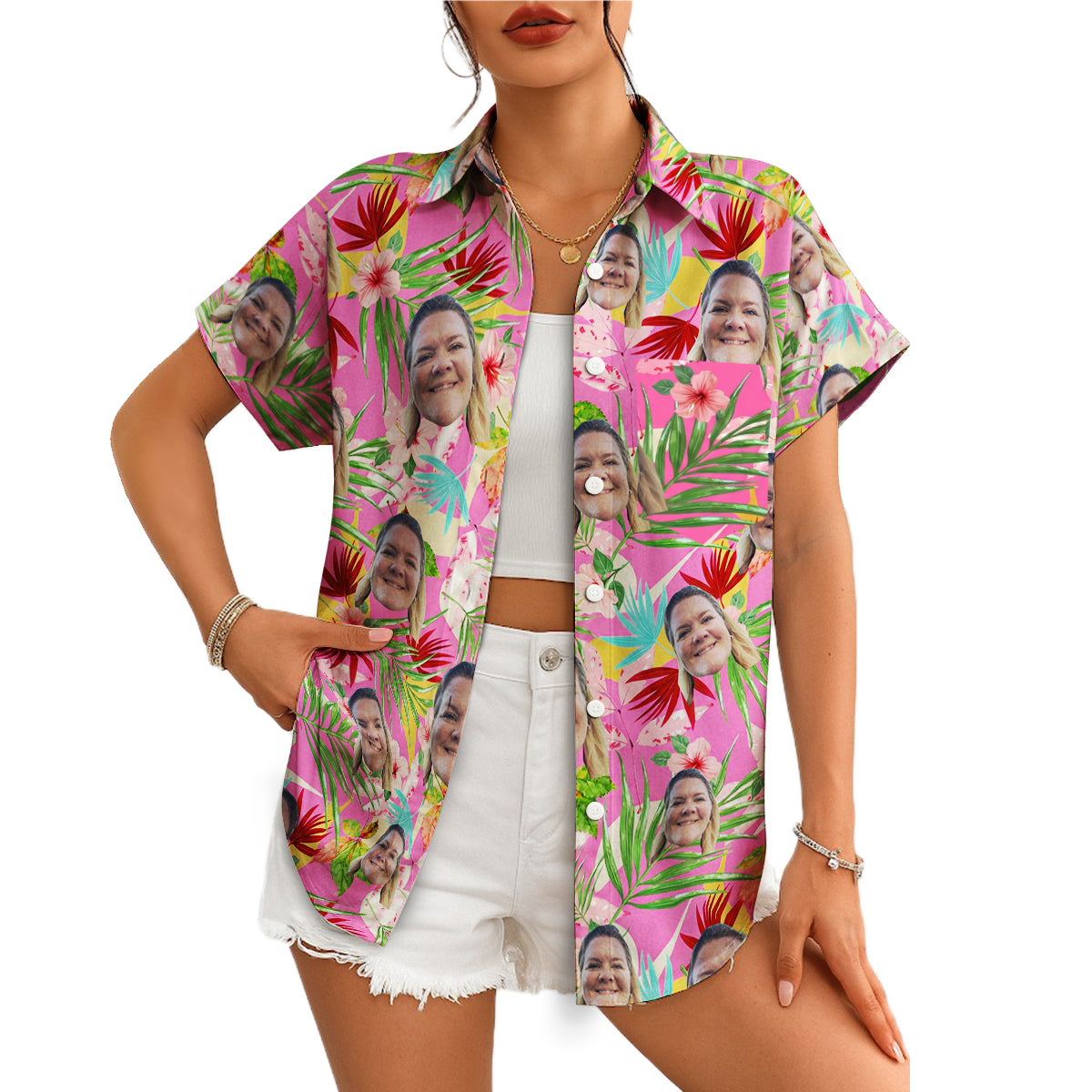Pink tropical hibiscus Hawaiian shirt with custom face print variant 4