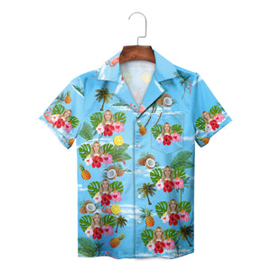 Blue personalised face Hawaiian shirt hibiscus palm coconut print