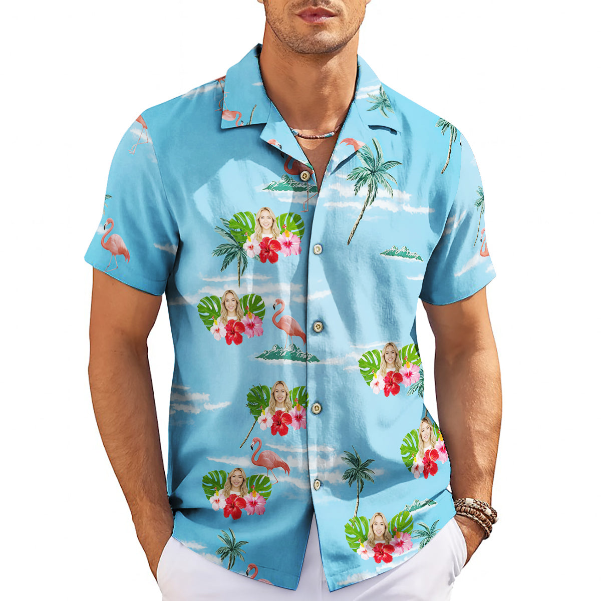 Blue personalised face Hawaiian shirt hibiscus palm coconut print variant 3