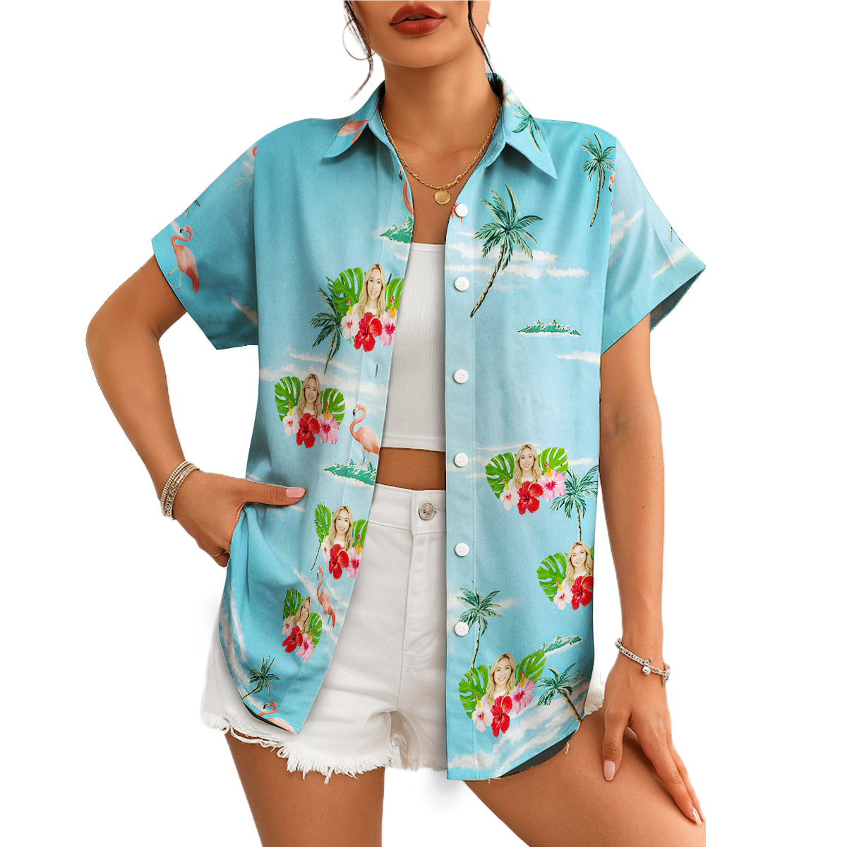 Blue personalised face Hawaiian shirt hibiscus palm coconut print variant 4