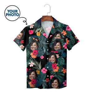 Black Hawaiian shirt with custom face photos and hibiscus