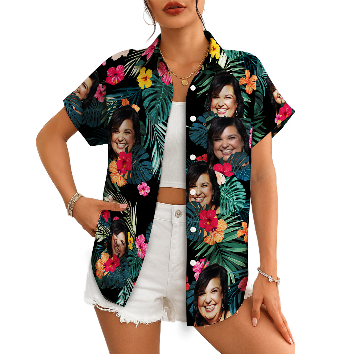 Black Hawaiian shirt with custom face photos and hibiscus variant 4