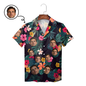 Navy Hawaiian shirt with custom face cutouts and hibiscus flowers