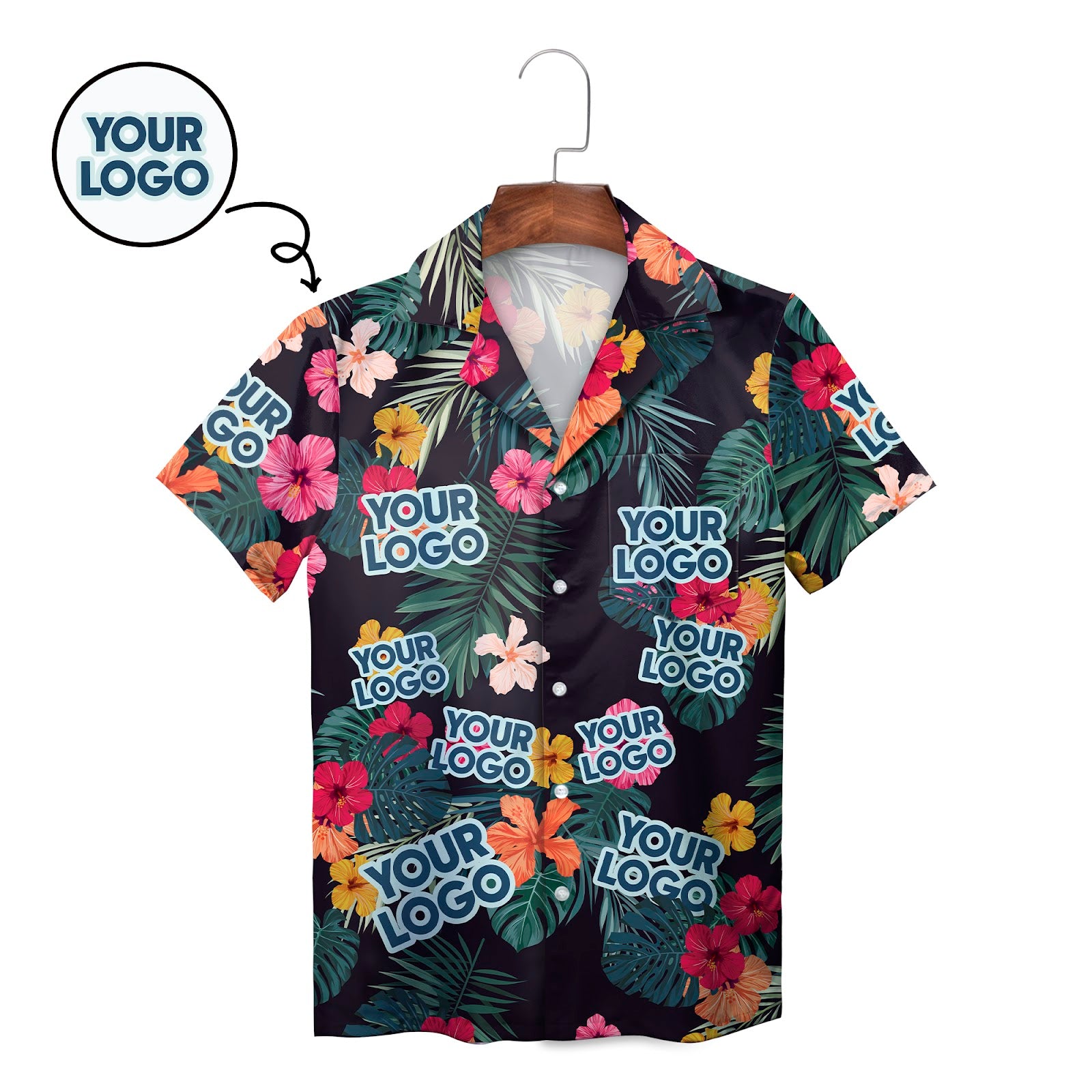 Navy Hawaiian shirt with custom face cutouts and hibiscus flowers variant 2