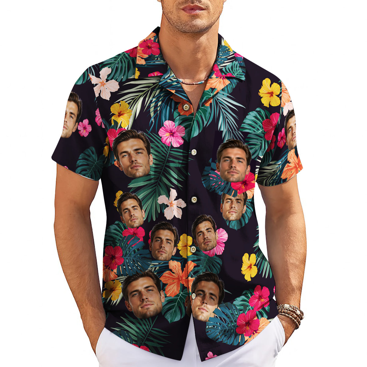 Navy Hawaiian shirt with custom face cutouts and hibiscus flowers variant 4