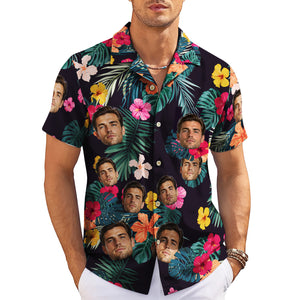 Navy Hawaiian shirt with custom face cutouts and hibiscus flowers variant 4