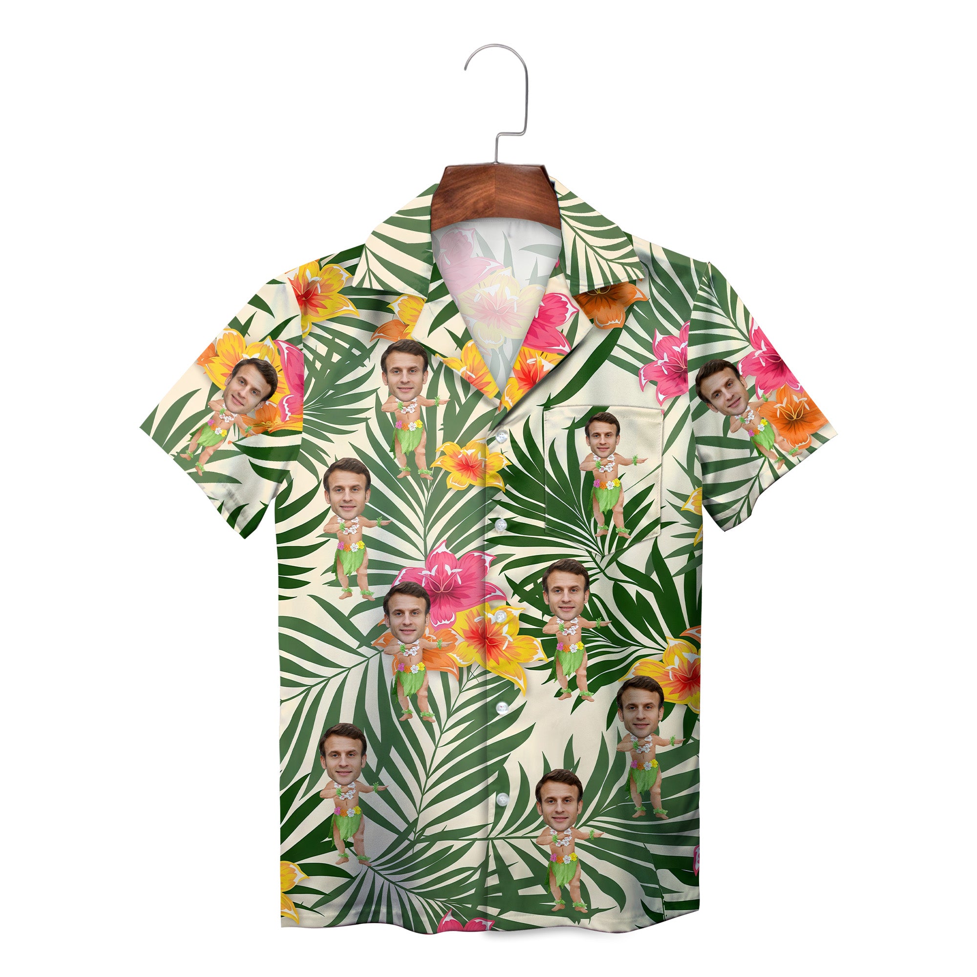 Tropical palm leaf hibiscus Hawaiian shirt with custom face hula dancers