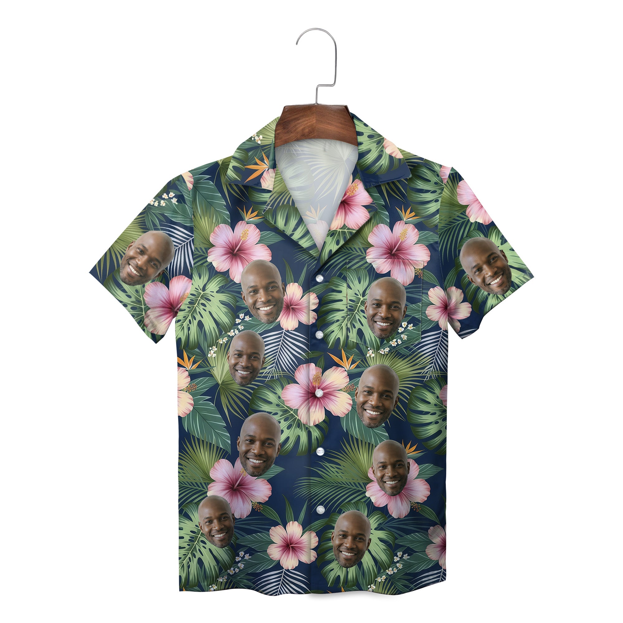 Navy Hawaiian shirt with custom face cutouts and pink hibiscus