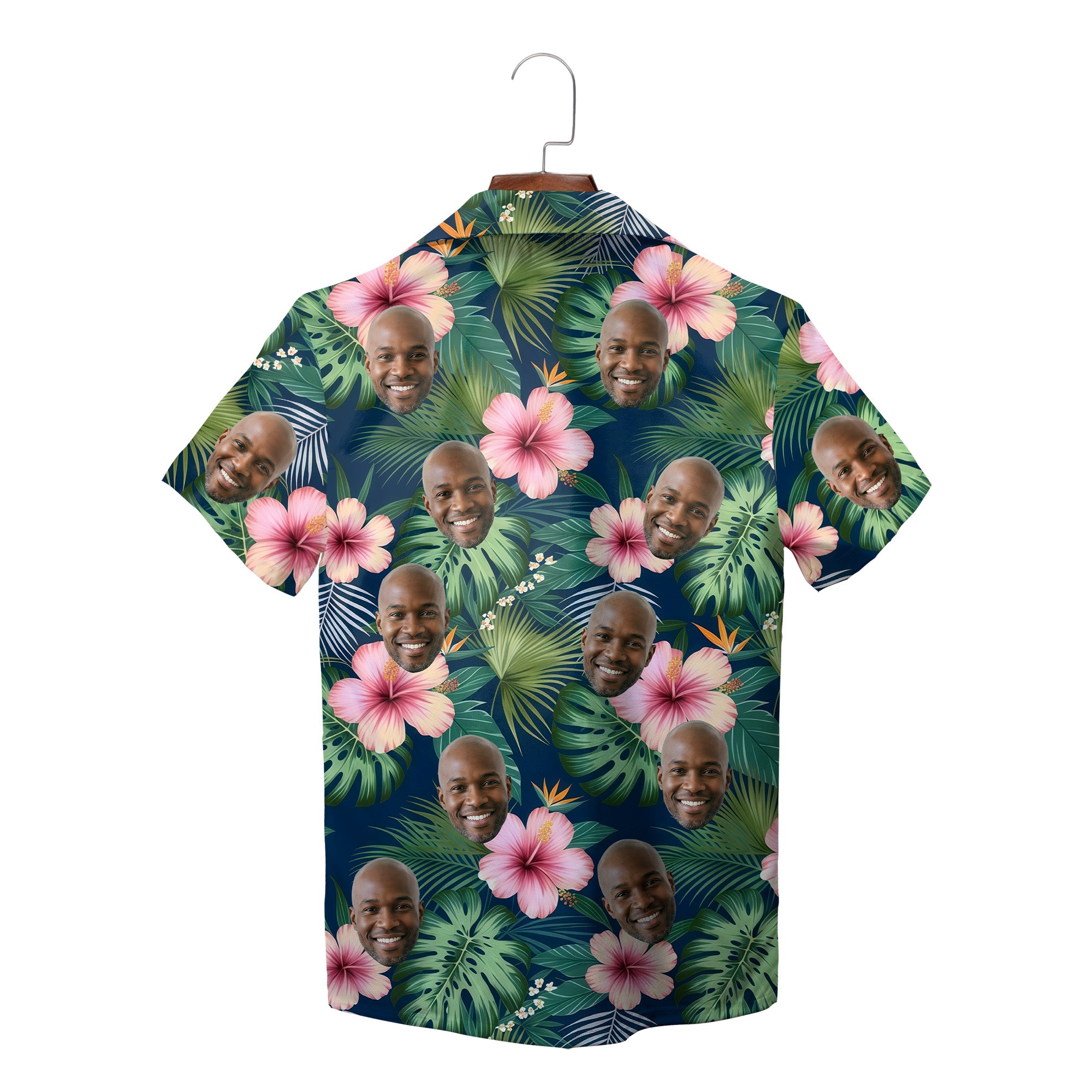 Navy Hawaiian shirt with custom face cutouts and pink hibiscus variant 2