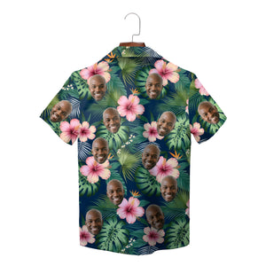 Navy Hawaiian shirt with custom face cutouts and pink hibiscus variant 2