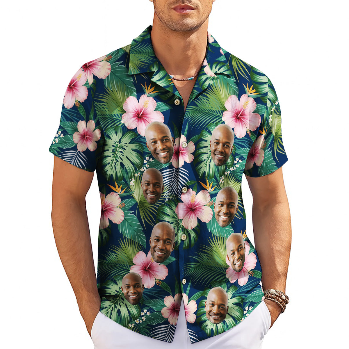 Navy Hawaiian shirt with custom face cutouts and pink hibiscus variant 3