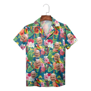 Teal Hawaiian shirt with repeated face photo tropical flowers