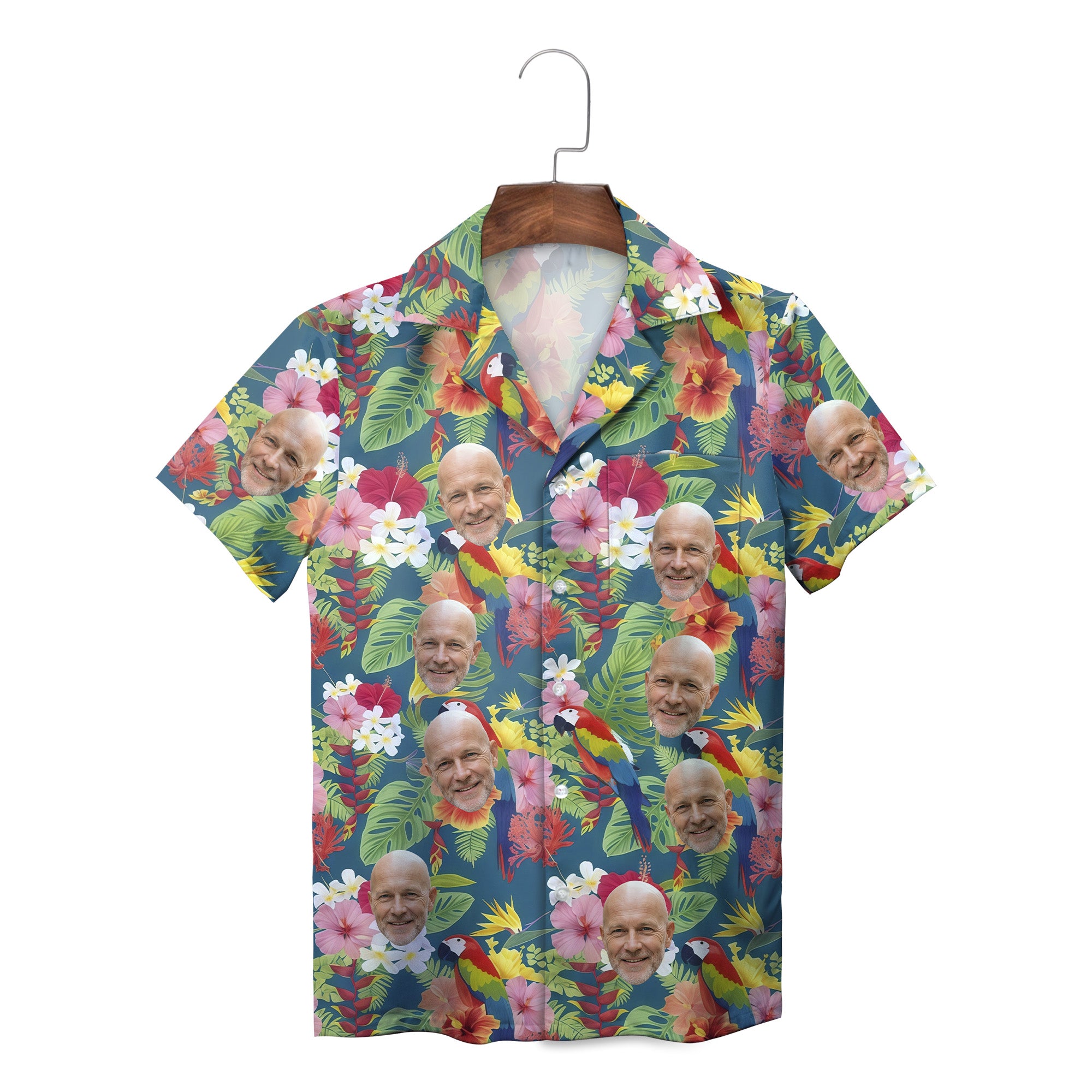 Teal Hawaiian shirt with repeated face photo tropical flowers variant 2