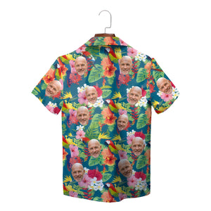Teal Hawaiian shirt with repeated face photo tropical flowers variant 3