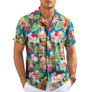 Teal Hawaiian shirt with repeated face photo tropical flowers variant 6
