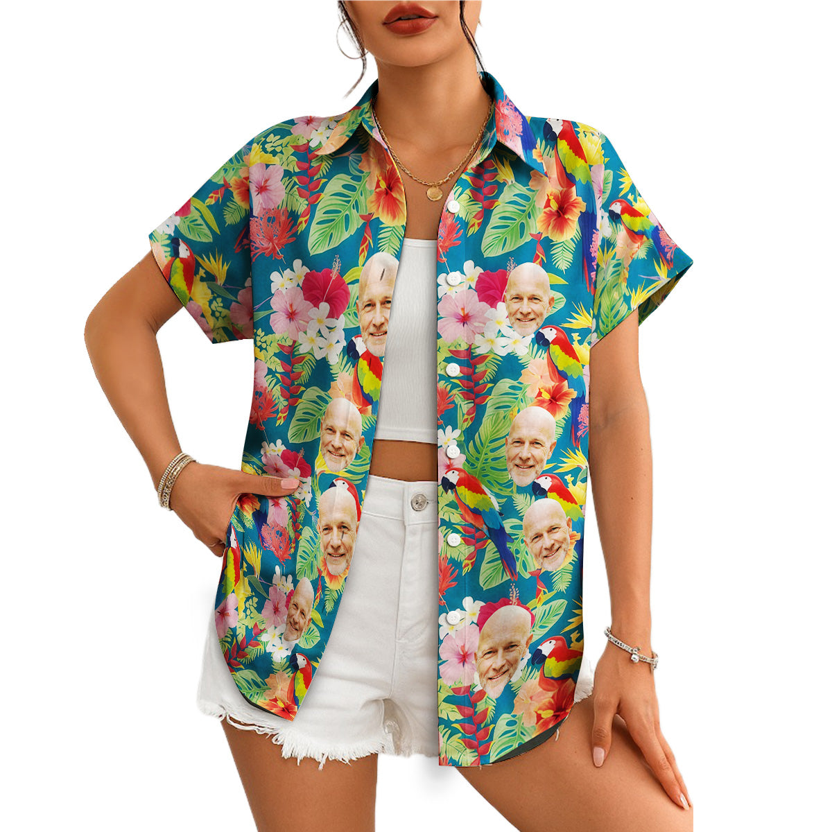 Teal Hawaiian shirt with repeated face photo tropical flowers variant 8