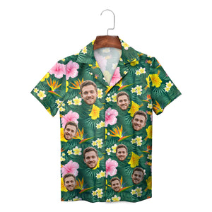 Green tropical face print Hawaiian shirt with hibiscus blooms