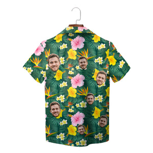 Green tropical face print Hawaiian shirt with hibiscus blooms variant 2