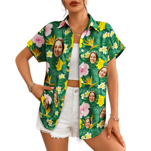 Green tropical face print Hawaiian shirt with hibiscus blooms variant 4