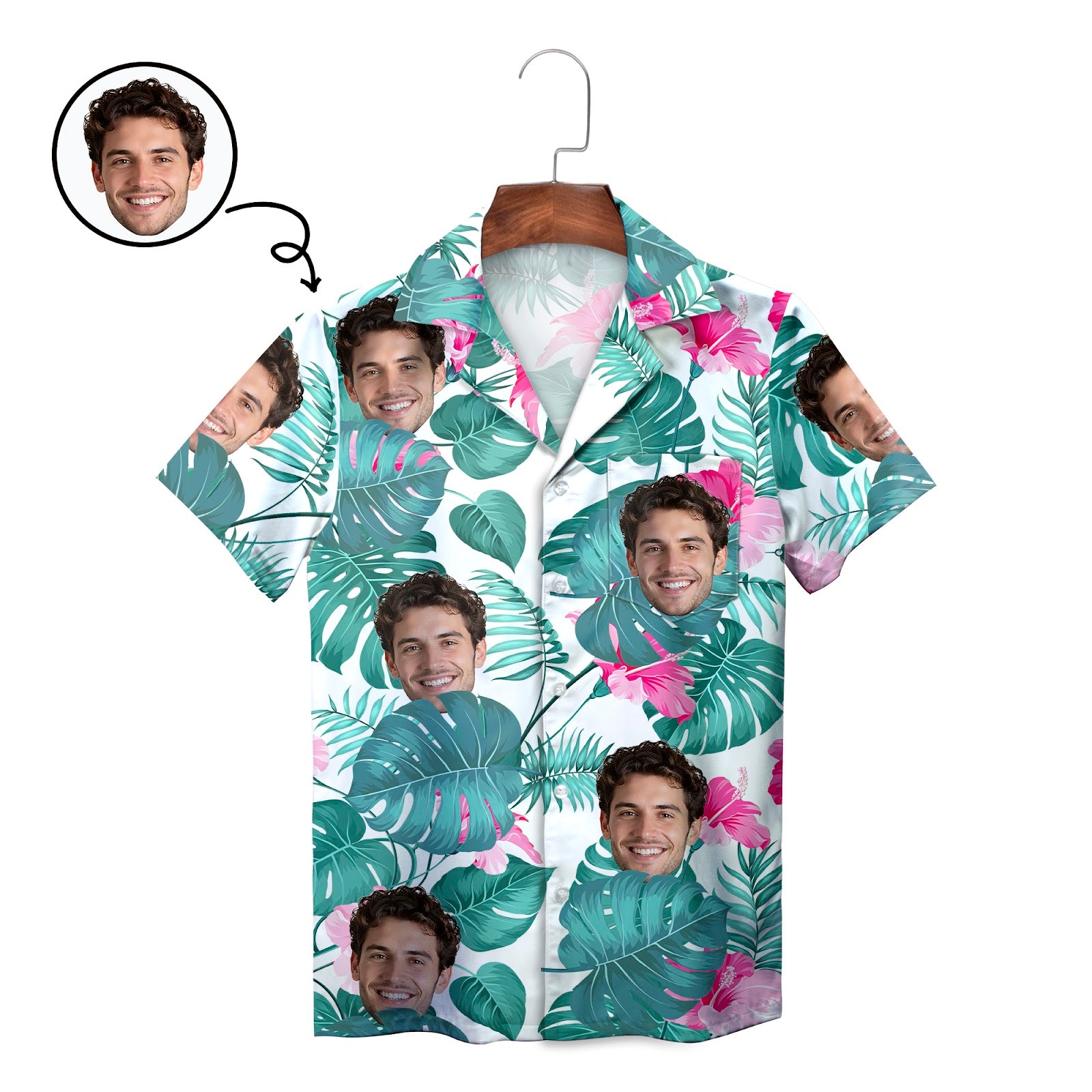 Custom face Hawaiian shirt monstera leaves pink hibiscus print