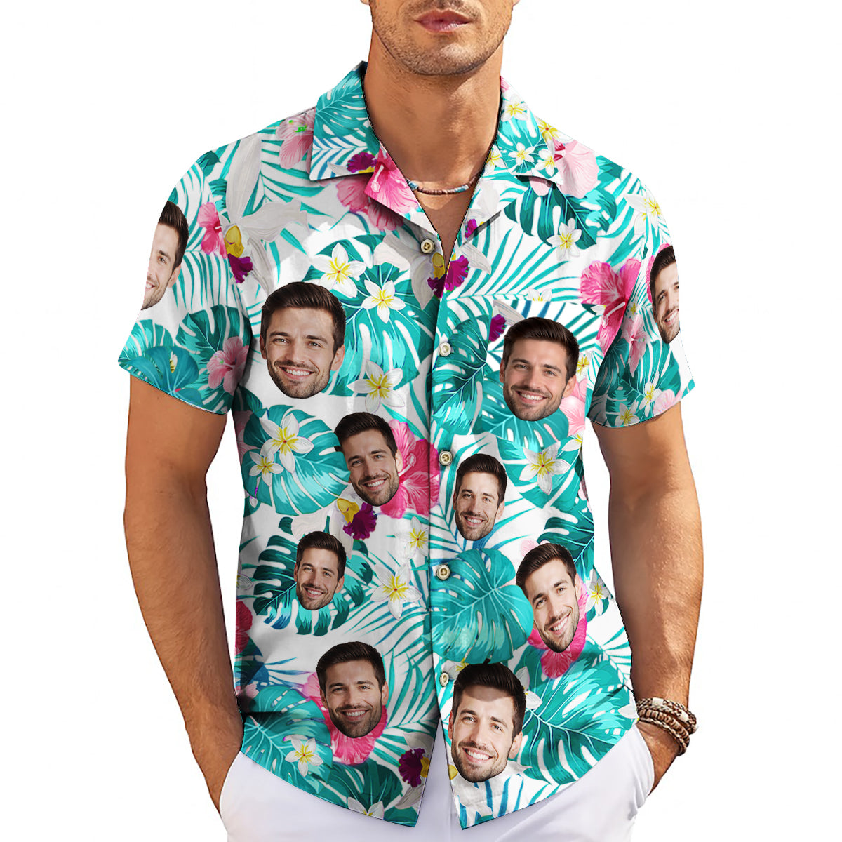 Custom face Hawaiian shirt monstera leaves pink floral print variant 4