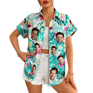Custom face Hawaiian shirt monstera leaves pink floral print variant 5