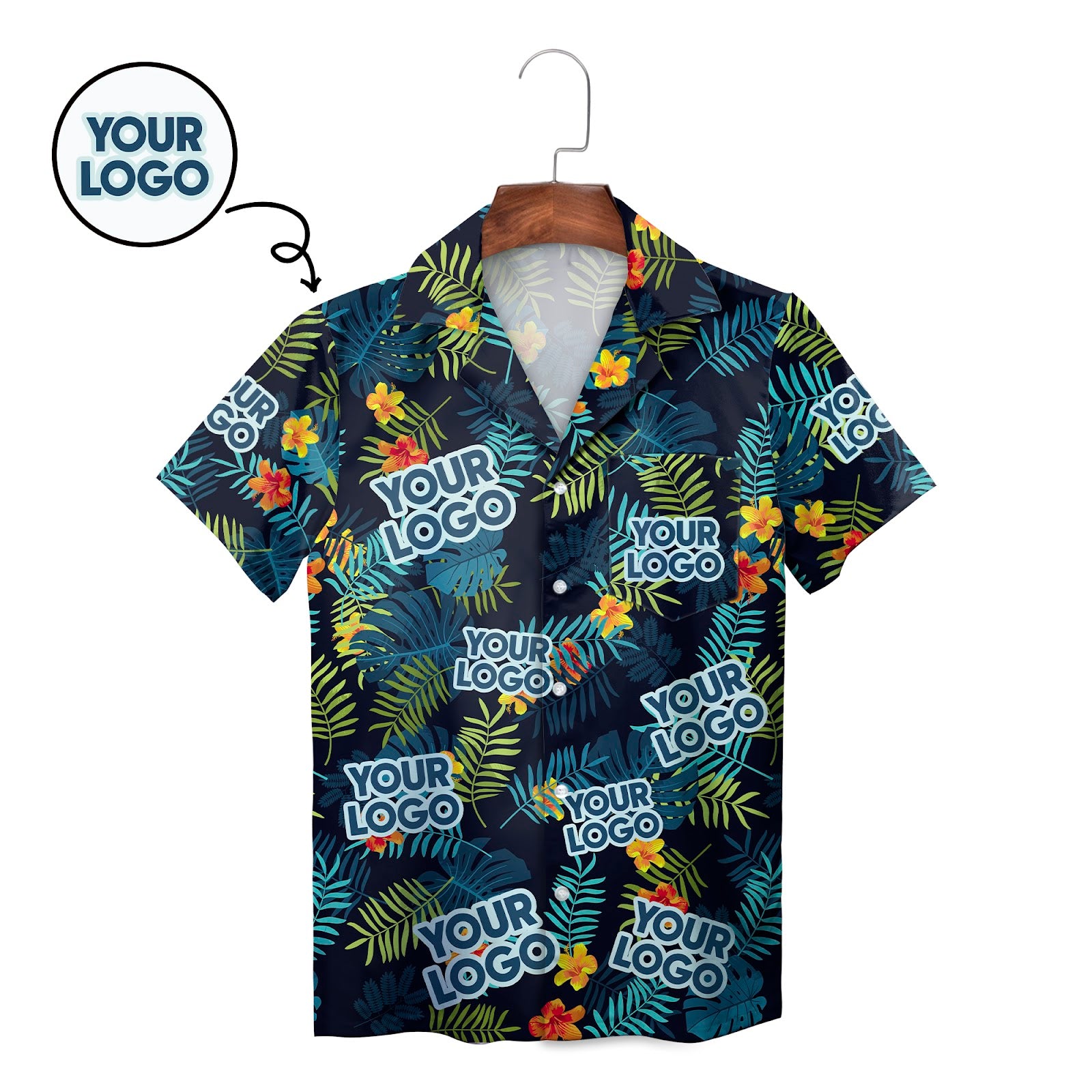 Navy personalised face Hawaiian shirt tropical leaves pattern variant 2