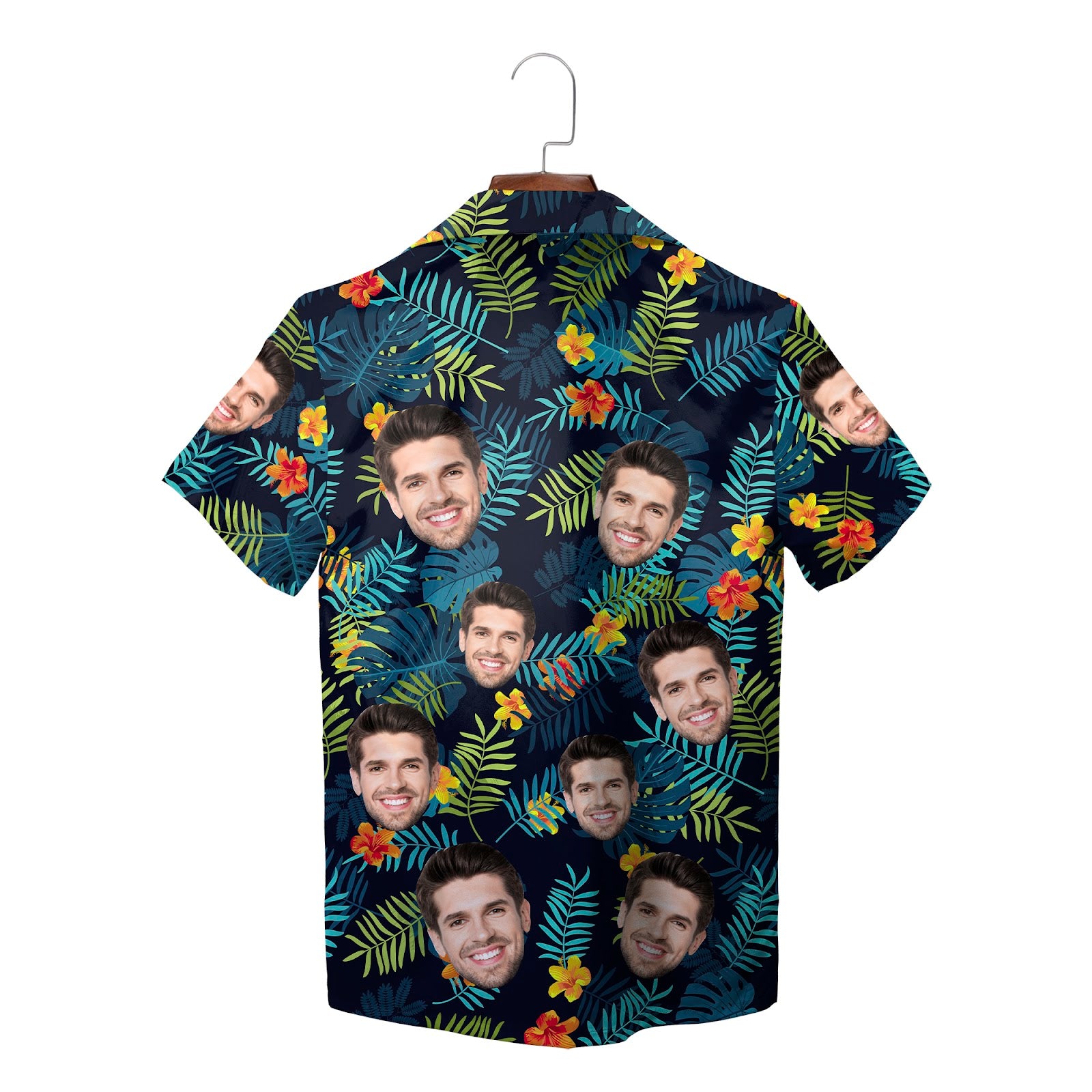 Navy personalised face Hawaiian shirt tropical leaves pattern variant 3