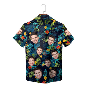 Navy personalised face Hawaiian shirt tropical leaves pattern variant 3