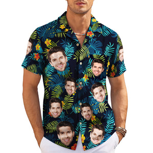 Navy personalised face Hawaiian shirt tropical leaves pattern variant 4