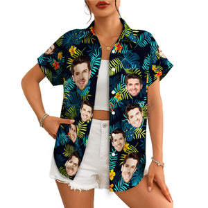 Navy personalised face Hawaiian shirt tropical leaves pattern variant 5