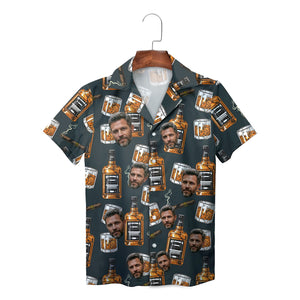 Charcoal Hawaiian shirt with custom face whisky cigar pattern