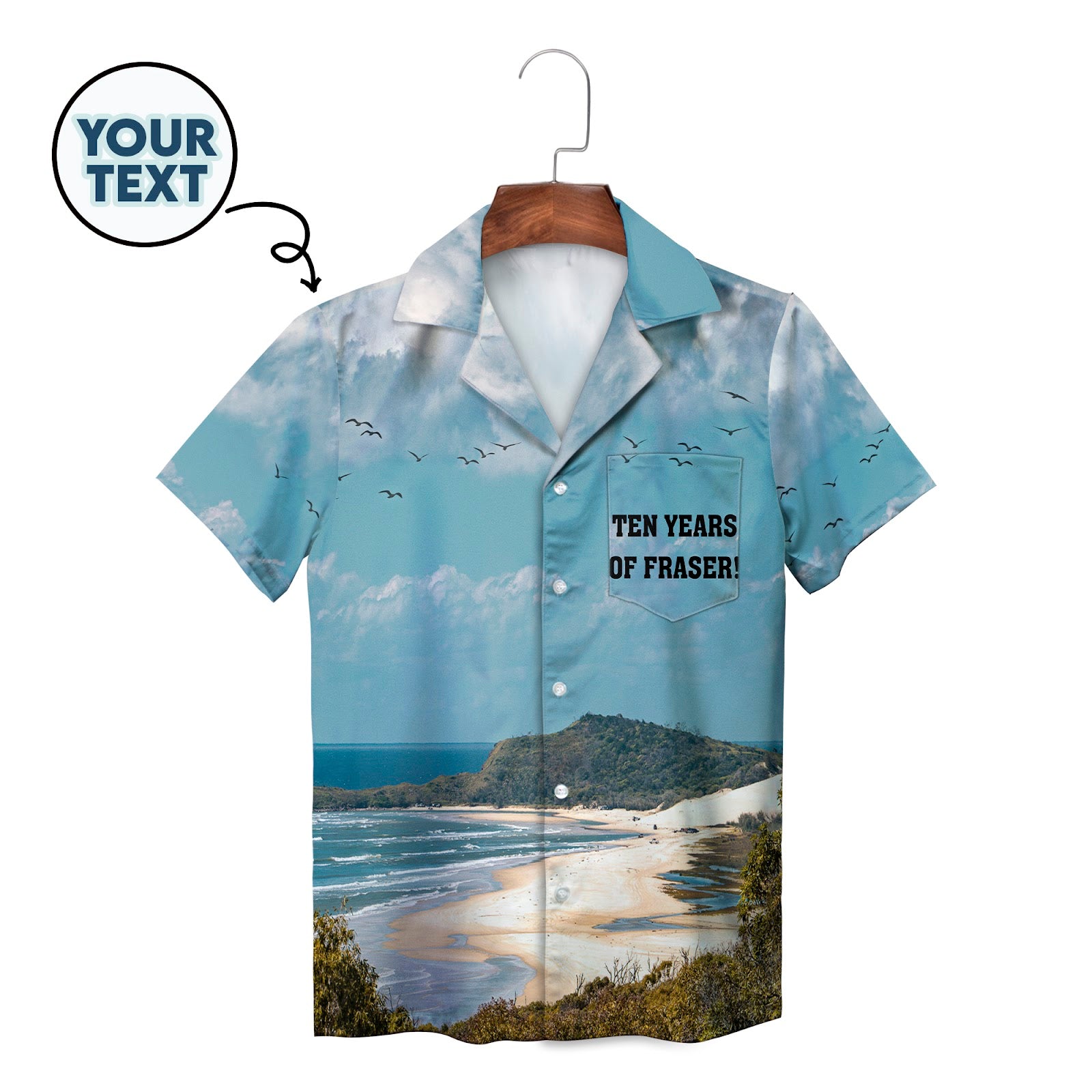 Hawaiian shirt with Fraser Island beach scene and custom text