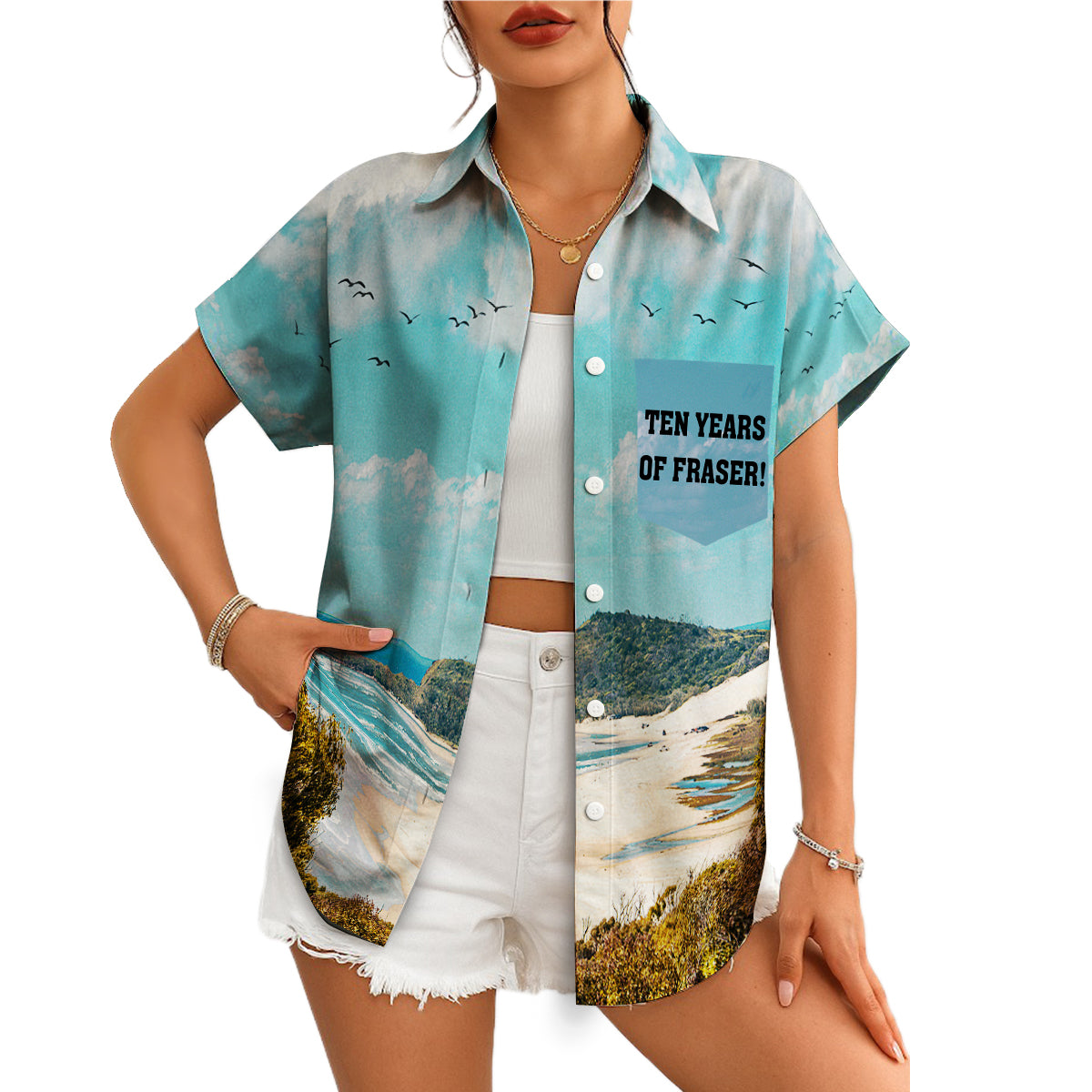 Hawaiian shirt with Fraser Island beach scene and custom text variant 4