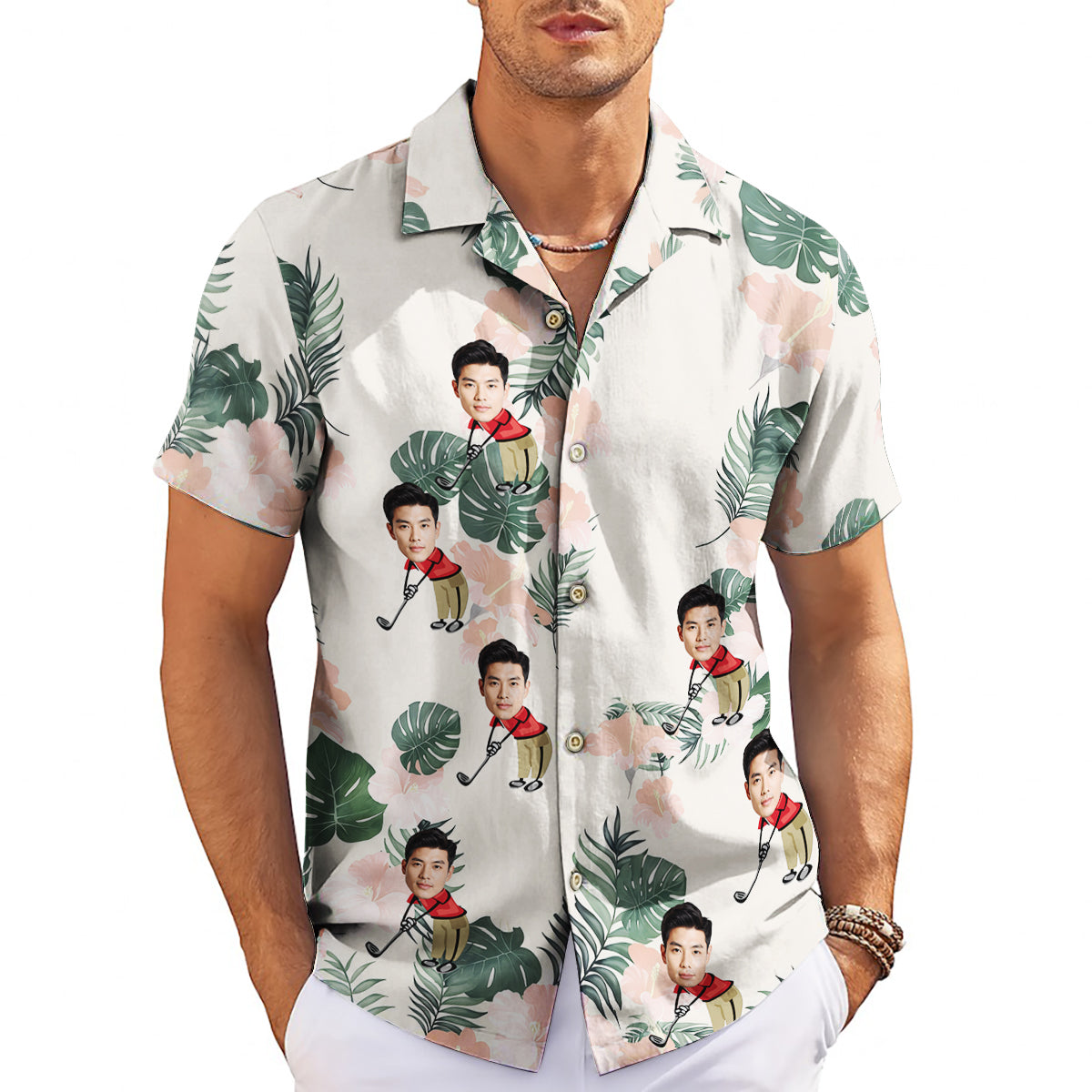 Personalised golf caricature Hawaiian shirt monstera floral print variant 3