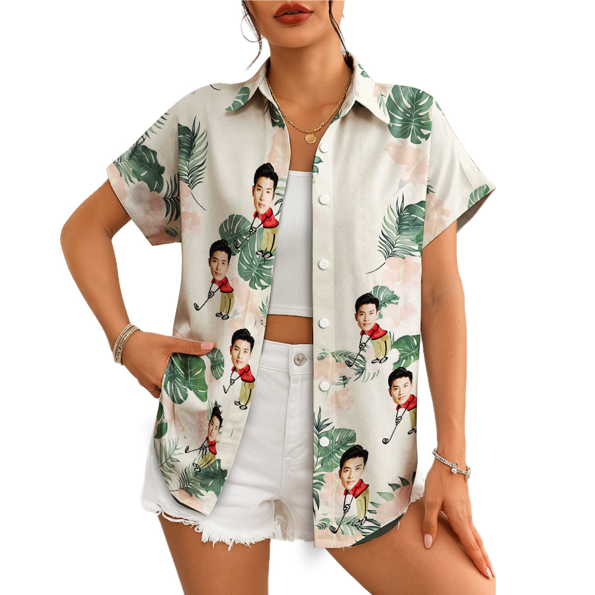 Personalised golf caricature Hawaiian shirt monstera floral print variant 4