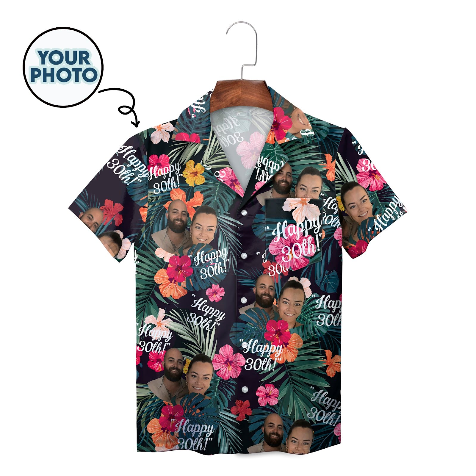 Navy tropical hibiscus Hawaiian shirt with custom photo print
