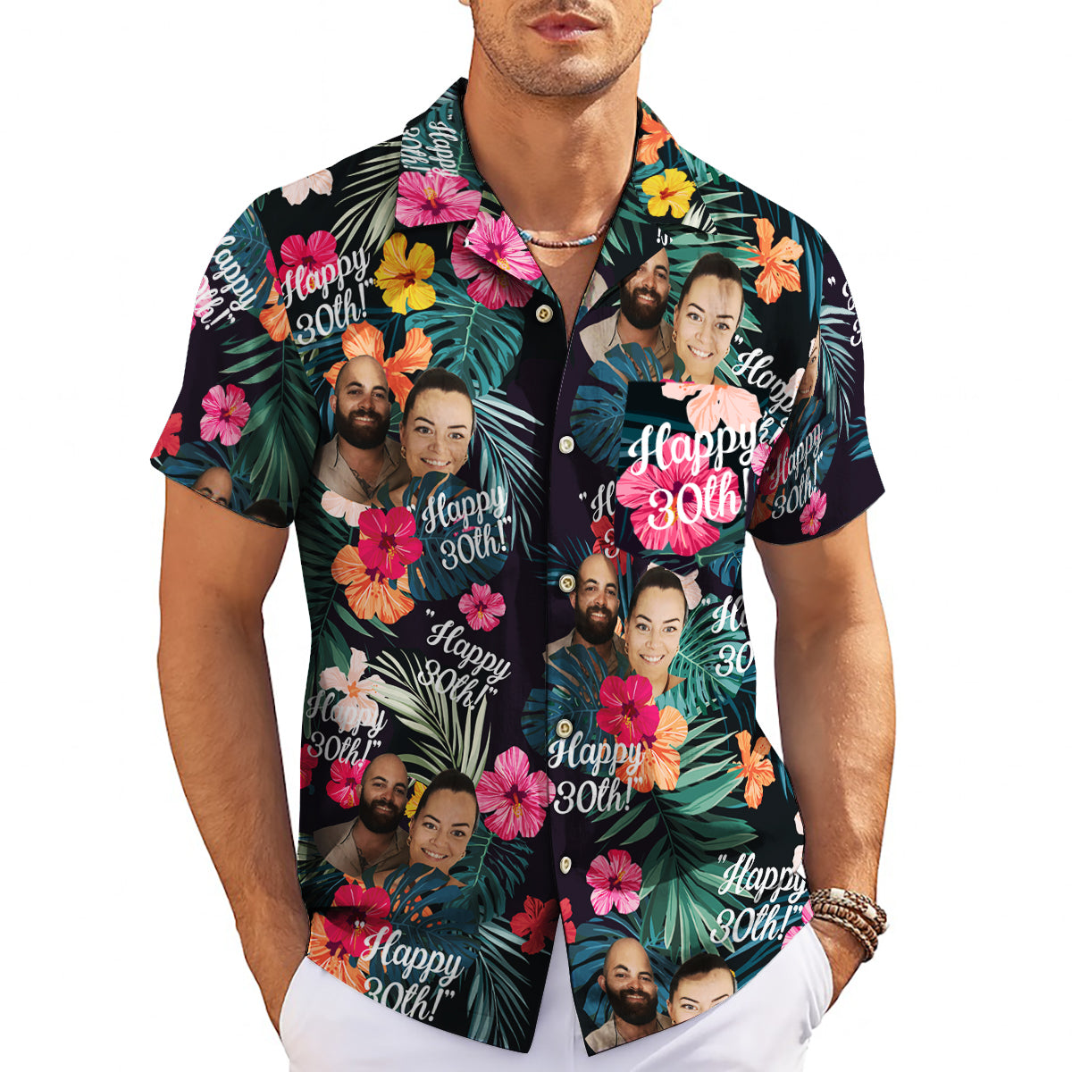 Navy tropical hibiscus Hawaiian shirt with custom photo print variant 3