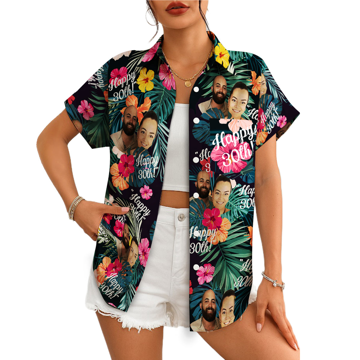 Navy tropical hibiscus Hawaiian shirt with custom photo print variant 4